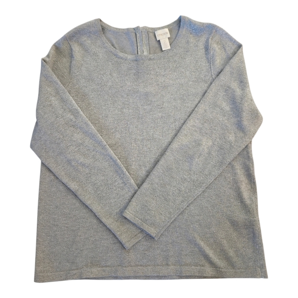 Chico's metallic knit long sleeve sweater. Silver, crewneck top, Size 2